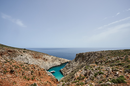 Seitan limania or Agiou Stefanou, the heavenly beach with turquoise water. Chania in summer