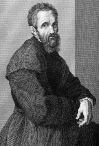 Michelangelo (1475-1564) on copper engraving from 1841. Italian Renaissance painter, sculptor, architect, poet and engineer. Engraved by G.P.Lorenzi from a drawing by A.Tricca after a self portrait by Michelangelo.