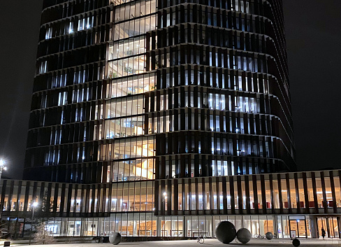 Illuminated modern skyscraper. A public building in Copenhagen,Denmark.
