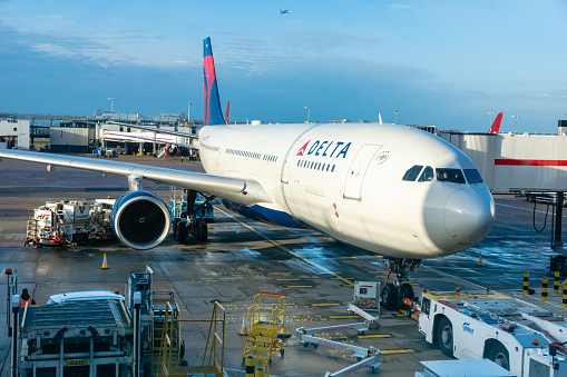 London, United Kingdom - February 2020: Delta Air Lines aircraft on runway of London Heathrow airport. Delta is one of the major airlines of the United States