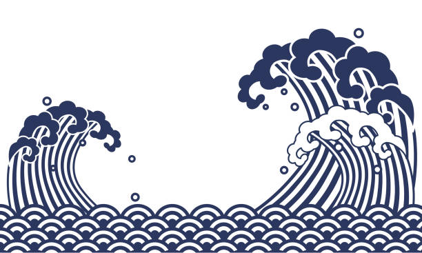 심플하고 귀여운 우키요에 웨이브 일러스트 - water water surface underwater white background stock illustrations