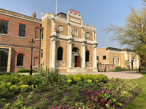 Ealing, UK - April, 2019: Pitzhanger Manor is a Regency country house in Ealing, West London. It was built between 1800 and 1804 and lived in by British neoclassical architect Sir John Soane. The grounds of the manor are now Walpole Park