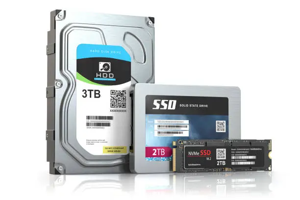 Photo of Hard disk drive hdd, solid state drive ssd and ssd m2 isolated on white.  Set of different data storage devices.