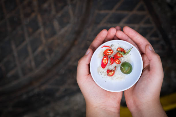 pov, woman holding vietnamese seasonings- salt, lime, chilies, basil - lime market vietnam fruit imagens e fotografias de stock