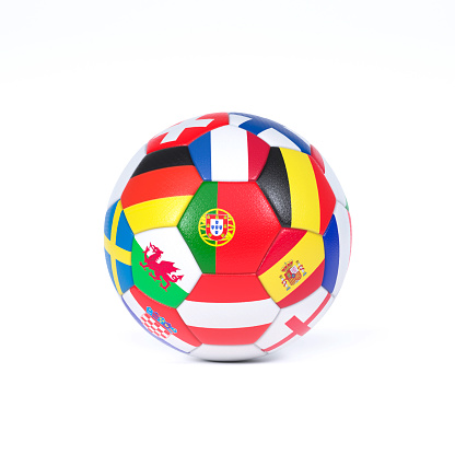 Football or soccer ball decorated with the national flags