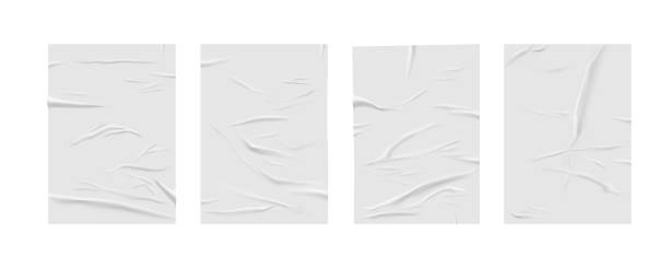 ilustrações, clipart, desenhos animados e ícones de efeito enrugado de papel colado, fundo realista vetorial. papel colado mal molhado ou folha adesivo cinza com textura de rugas amassadas e untadas, conjunto de modelos em branco isolados - paper texture