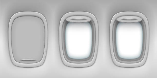 istock Airplane window potholes with open and closed shutters, vector background. Realistic aircraft interior with transparent portholes, flight journey, aviation and air travel illustration 1206610887