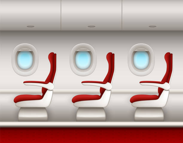Airplane interior vector background with passenger seats row, open porthole windows and luggage compartments. Aircraft cabin side view with premium or economy class red seat chairs, plane salon Airplane interior vector background with passenger seats row, open porthole windows and luggage compartments. Aircraft cabin side view with premium or economy class red seat chairs, plane salon airplane seat stock illustrations