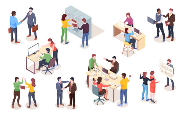 Set of isometric view businessman and businesswoman making deal and presentation. Vector people doing notebook work or computer job, employee at coworking space. Office man and woman Set of isometric view businessman and businesswoman making deal and presentation. Vector people doing notebook work or computer job, employee at coworking space. Office man and woman isometric projection stock illustrations