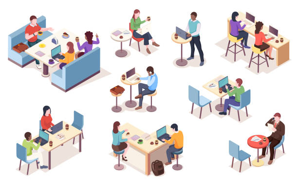 Set of isolated vector isometric people with notebook at cafe. Cafeteria work or job at dining room infographic element. Workspace icons. Coworker with coffee or tea. Business lunch with coffee Set of isolated vector isometric people with notebook at cafe. Cafeteria work or job at dining room infographic element. Workspace icons. Coworker with coffee or tea. Business lunch with coffee meeting at cafe stock illustrations