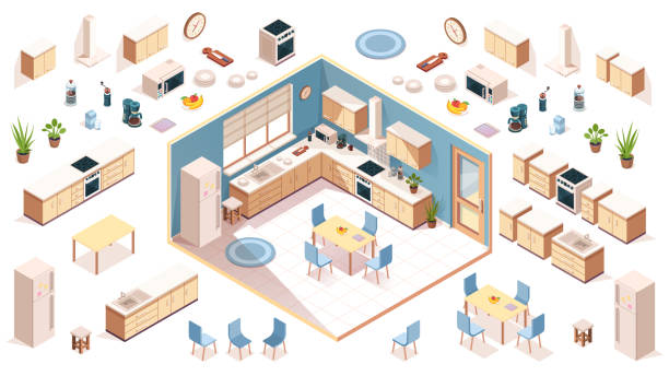 oda tasarımı için mutfak elemanları. mutfak eşyaları, cihaz, öğelerin yapıcı elemanları. biyometrik raf, fırın, süt, meyve tabağı, buzdolabı, lavabo, bitki, masa, sandalye. yemek pişirmek için mobilyalar - kitchen stock illustrations