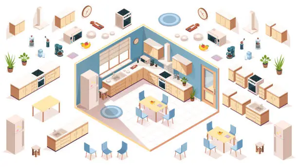 Vector illustration of Kitchen elements for room design. Constructor elements of kitchenware utensil, appliance, items. Isometric shelf, oven, milk, fruit plate, fridge, washbasin, plant, table, chair. Furniture for cooking