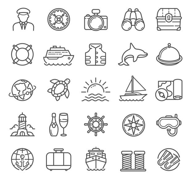 Cruise and Nautical Line Icons with Adventure, Travel, Weather and Casino Sign Nautical icons with Adventure, Travel, Weather and Casino Sign bellcaptain stock illustrations