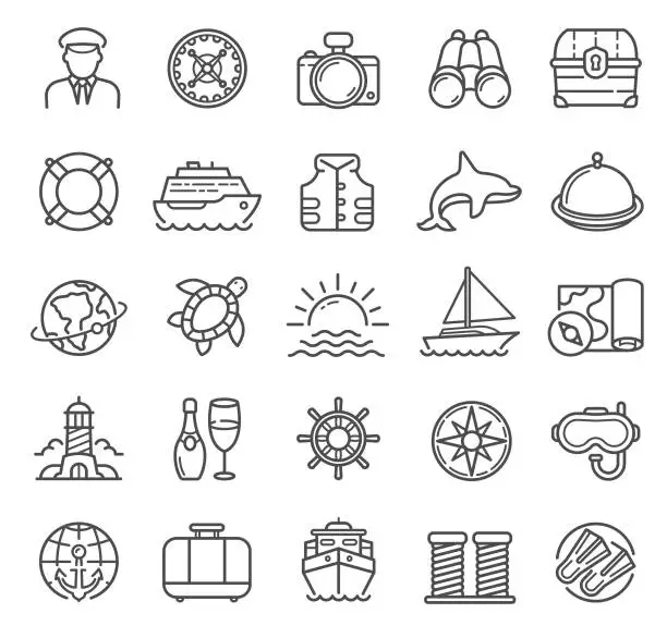 Vector illustration of Cruise and Nautical Line Icons with Adventure, Travel, Weather and Casino Sign