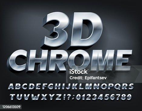 istock 3D Chrome alphabet font. Metallic letters and numbers with shadow. 1206613509