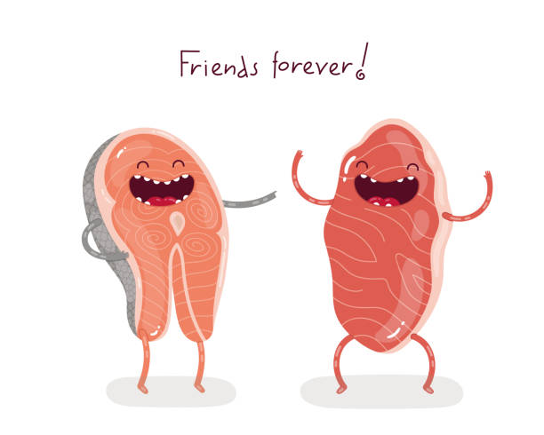 Cute Doodle Characters Marble Beef Steak And Salmon Steak Are The Best  Friends Forever Stock Illustration - Download Image Now - iStock