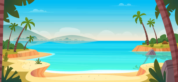 kreskówka lato dziki raj plaży. rajskie wakacje na rodziejce, ocean lub morze nad brzegiem morza. nadmorski krajobraz - backgrounds bay beach beauty in nature stock illustrations
