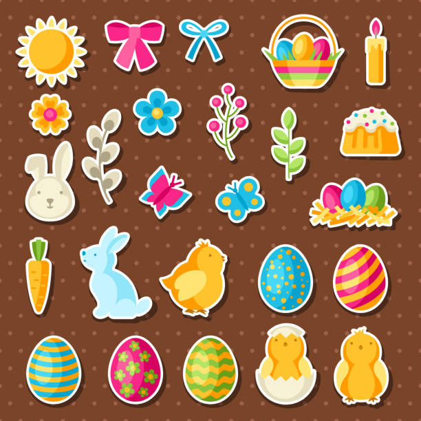 Happy Easter set of holiday stickers. Happy Easter set of holiday stickers. Decorative symbols and objects, eggs, bunnies. easter cake stock illustrations