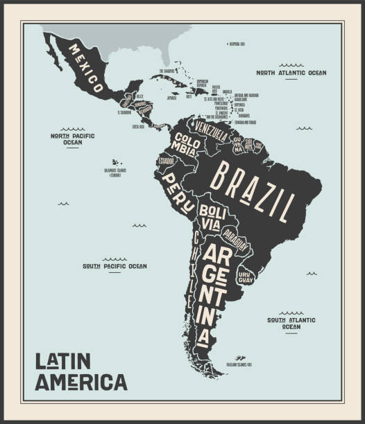 Map Latin America. Poster map of Latin America Map Latin America. Poster map of Latin America. Black and white print map of Latin America for t-shirt, poster or geographic themes. Hand-drawn graphic map with countries. Vector Illustration cuba illustrations stock illustrations