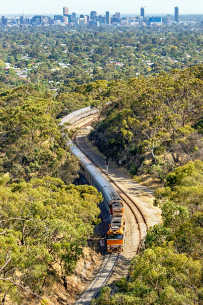 Looking down from high above on a long silver passenger train curving in hills bushland with city and leafy suburbs in background