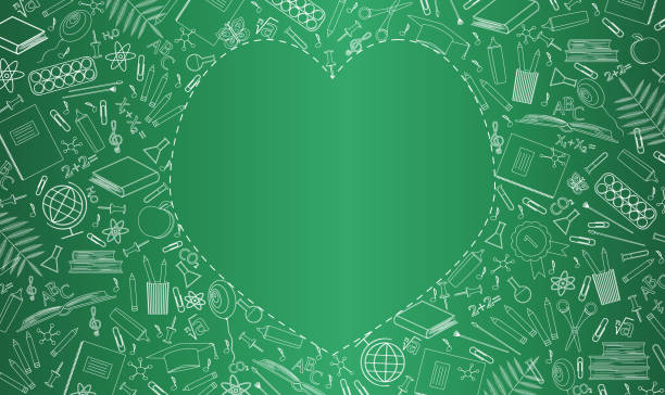 Banner with green school board. School supplies, education symbols are drawn in chalk. Empty place in the form of heart for text. Flat vector illustration. Happy Teachers Day, start of school year Banner with green school board. School supplies, education symbols are drawn in chalk. Empty place in the form of heart for text. Flat vector illustration. Happy Teachers Day, start of the school year teacher borders stock illustrations