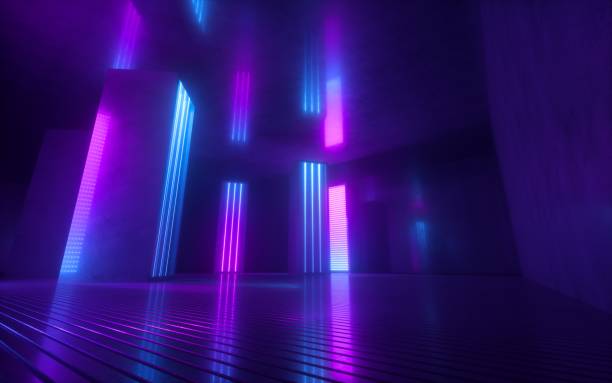 istock 3d render, blue pink violet neon abstract background, ultraviolet light, night club empty room interior, tunnel or corridor, glowing panels, fashion podium, performance stage decorations, 1206623114