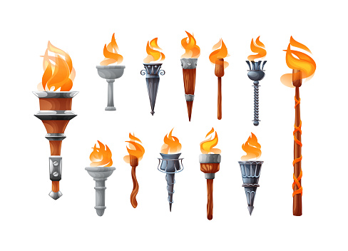 Medieval torch with burning fire set. Ancient realistic metal and wooden torches differents shapes with burned fire flame elements for the game cartoon vector illustration