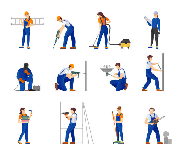 Group repairman man and woman cartoon vector illustration Group repairman man and woman. Construction engineers, architect, builder, home master, painter, carpenter, welder with building equipment tools cartoon vector illustration construction industry illustrations stock illustrations