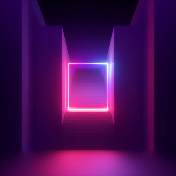 istock 3d render, abstract modern minimal ultraviolet background, pink neon light glowing square, rectangular frame. Empty staircase perspective, architectural portal entrance. Futuristic urban concept 1206623288