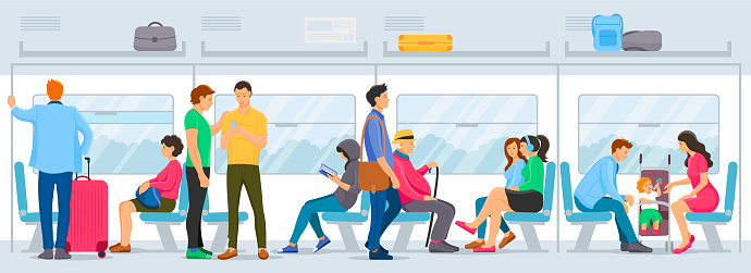 People sitting and standing inside subway transport metro. Men, women, older people and children in public transport. Passenger train with carriage interior, train travel inside cartoon vector