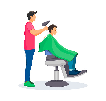 Men's haircut, barbering of beard with hairdresser. Male customer sitting in a chair, hairdresser nearby dries his hair. Men beauty salon barbershop, hairdresser in barber shop cutting client vector