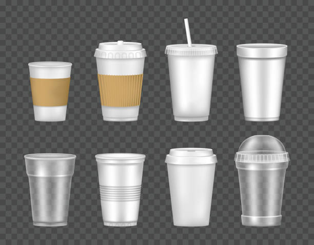 Set of empty, transparent, realistic mockup glasses for drinks. Set of empty transparent realistic cup glasses. Mockup paper, plastic disposable 3D glasses takeaway for cold and hot drinks. Container plastic cup mockups for juice, tea, coffee vector illustration. milk tea logo stock illustrations