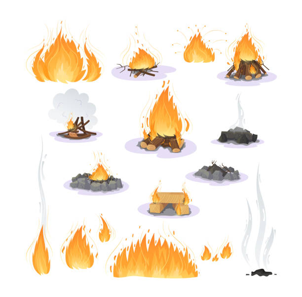 illustrazioni stock, clip art, cartoni animati e icone di tendenza di assi di legna da ardere, falò di rami, tronchi, tronchi di legno in fiamme - campfire coal burning flame