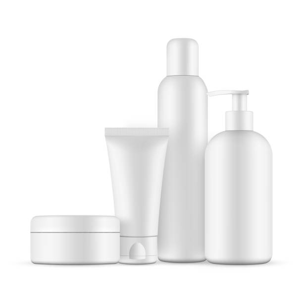 빈 플라스틱 용기 모형의 컬렉션 : 캡 병, 펌프 병, 항아리, 작은 튜브 - liquid soap moisturizer bottle hygiene stock illustrations