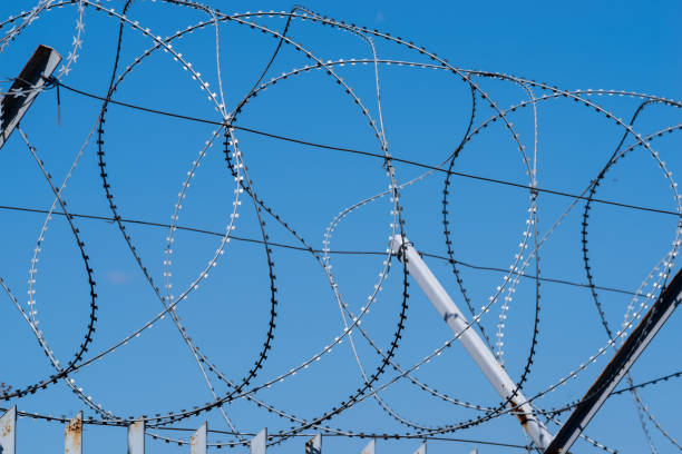 istock Barbed wire against the blue sky. 1206624430