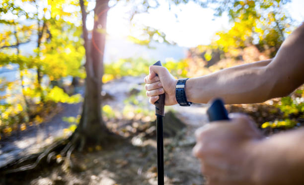 istock Man on trail holding trekking sticks 1206627971