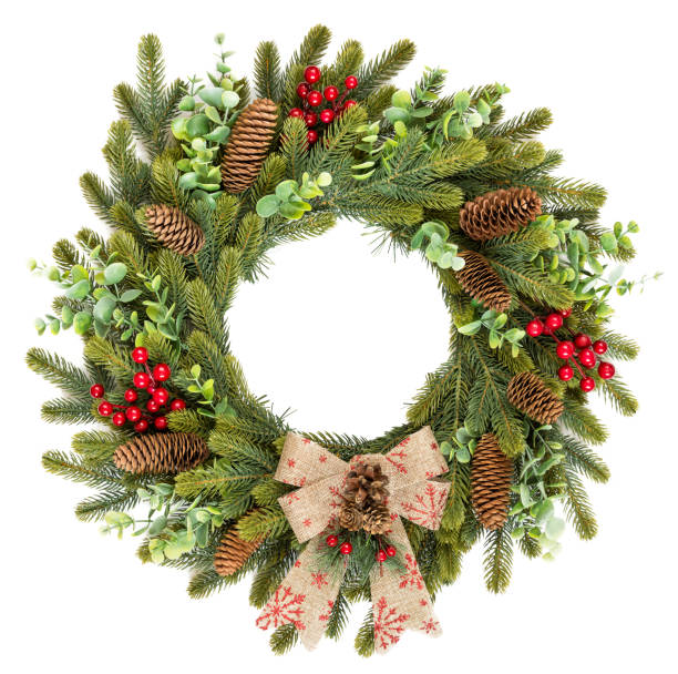 istock Traditional rustic Christmas wreath on white background 1206628154