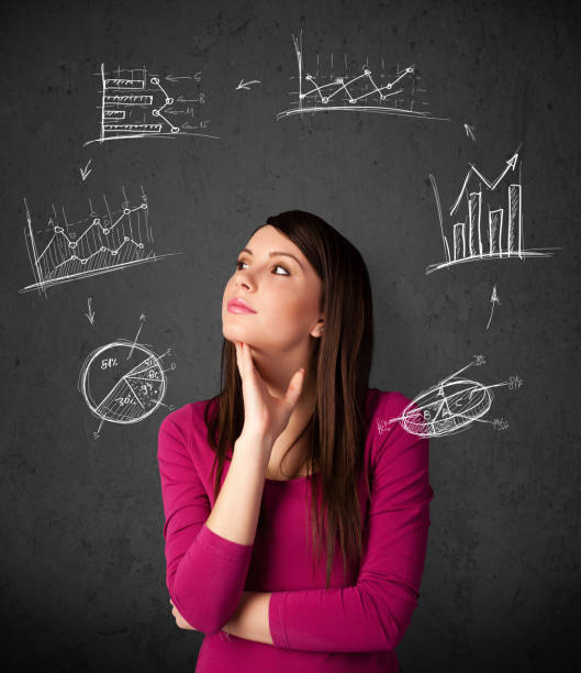 istock Young woman thinking with charts circulation around her head 1206628802