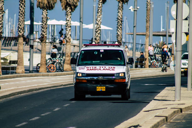 Colors of Israel Tel Aviv Israel February 13, 2020 View of a Israeli ambulance rolling in the streets of Tel Aviv in the afternoon ambulance in israel stock pictures, royalty-free photos & images