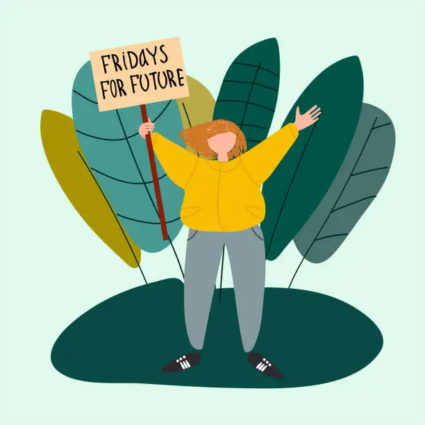 Vector illustration of School Strike for the Climate concept. Girl holding Fridays for Future placard vector illustration