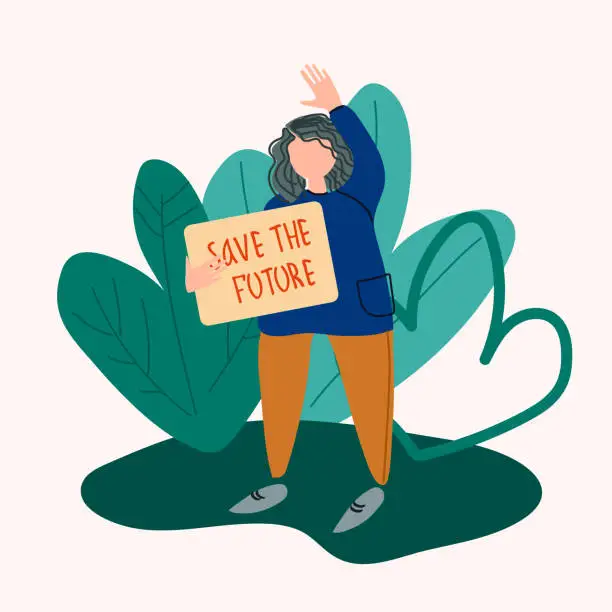 Vector illustration of School Strike for the Climate concept. Girl holding Save the Future placard vector illustration