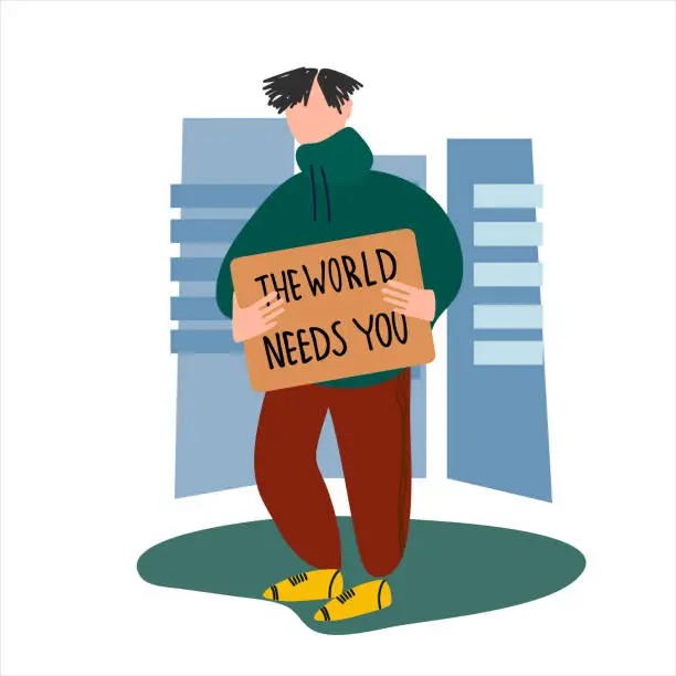 Vector illustration of School Strike for the Climate concept. Boy holding The World Needs You placard vector illustration