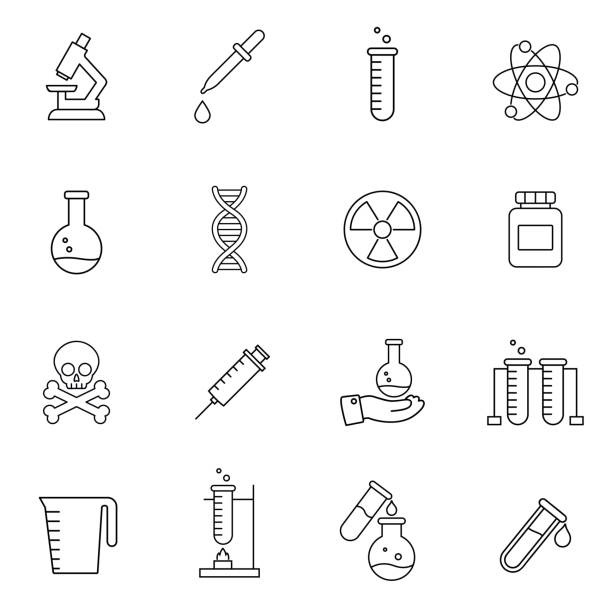 ilustrações, clipart, desenhos animados e ícones de conjunto simples de ícones da linha vetorial relacionado à ciência. contém ícones como molécula, experimentação científica, átomo, química e muito mais. ciência e equipamentos científicos símbolos de contorno vetor linear. - microscope medical exam healthcare and medicine science