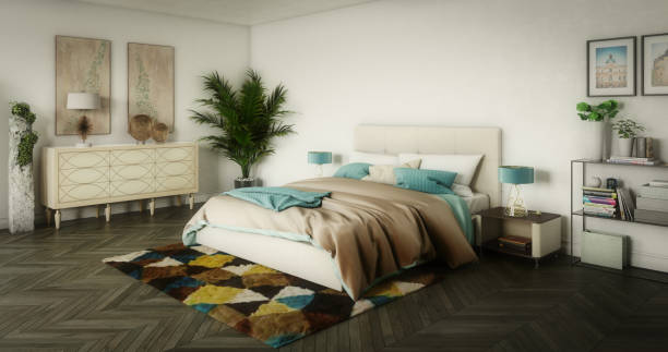 Modern Bedroom Interior Digitally generated cozy and modern bedroom interior design.

The scene was rendered with photorealistic shaders and lighting in Autodesk® 3ds Max 2020 with V-Ray Next with some post-production added. owner's bedroom stock pictures, royalty-free photos & images