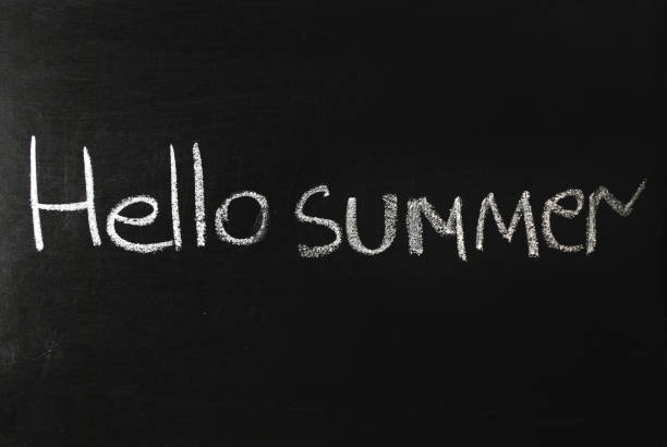 istock The word hello summer written in white chalk on a black chalkboard. 1206635197