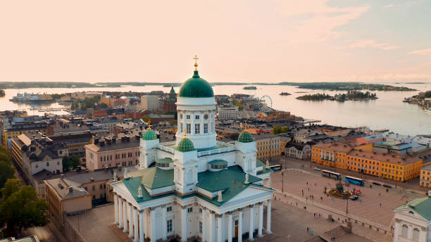 istock Helsinki view from above over a white church with green domes 1206635561