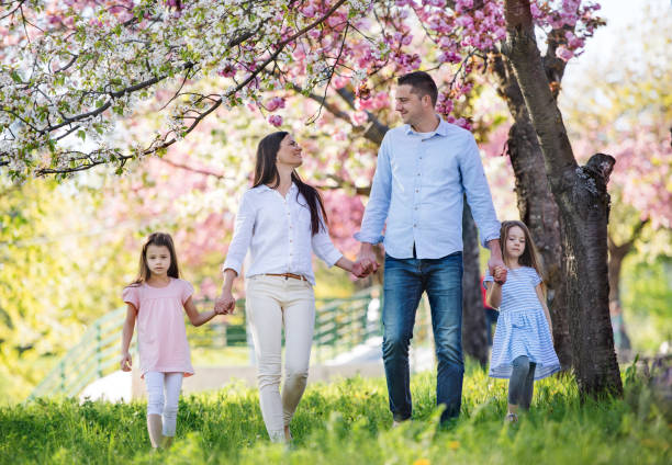 istock Young parents with small daugthers walking outside in spring nature. 1206638037
