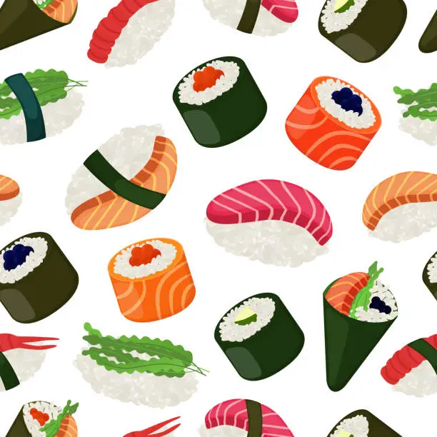 Vector illustration of Vector seamless pattern of sushi. Sashimi, maki and nori.