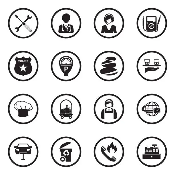 Vector illustration of Service Icons. Black Flat Design In Circle. Vector Illustration.