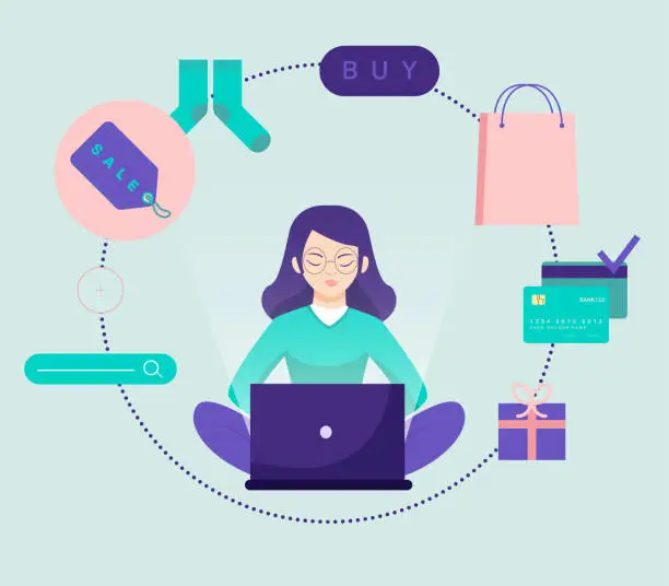 Vector illustration of Vector illustration. Woman doing shopping online with laptop.